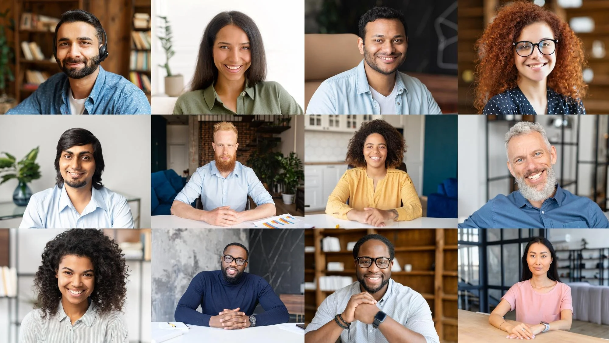 A collage of diverse people smiling in various indoor settings, including offices and home environments.