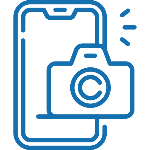 Outline of a smartphone with a camera icon containing a copyright symbol on the screen.