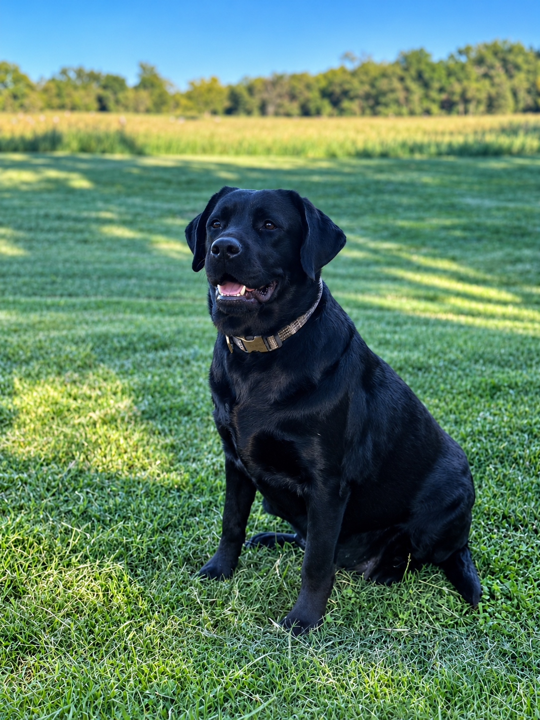 Oakley, a black Labrador Retriever at Summer's End Labradors, sitting outdoors on the family farm in Oologah, Oklahoma.