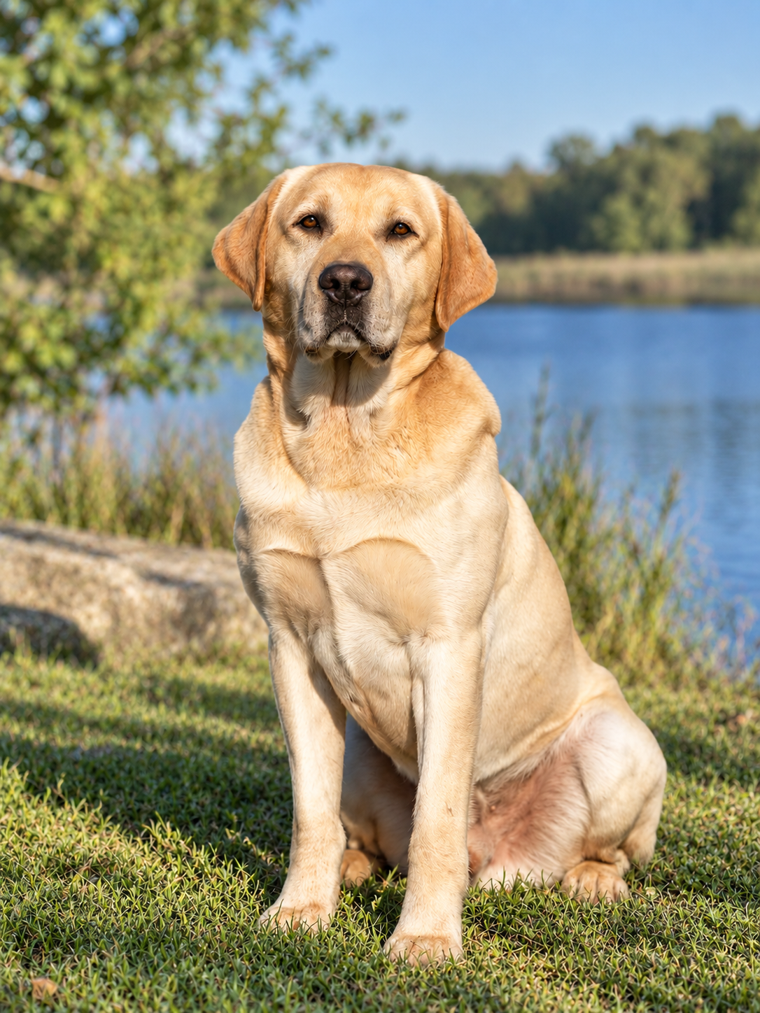 Norm, a yellow Labrador retriever dog sitting on grass near a body of water, with trees in the background.