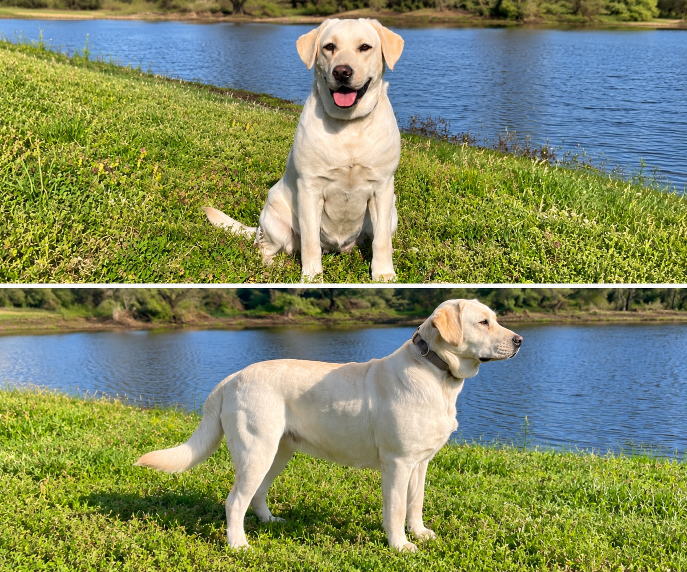 Remi, a yellow Labrador Retriever, pictured beside the pond at Summer's End Labradors in Oologah, Oklahoma.