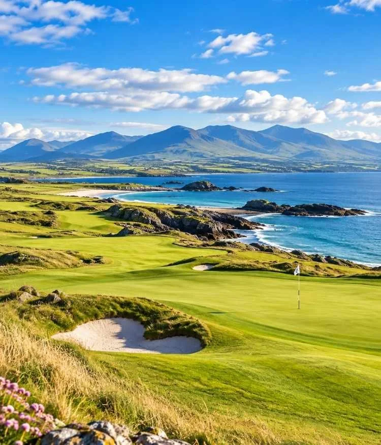 Links green surrounded by sand dunes at Tralee Golf Club, Kerry, Ireland