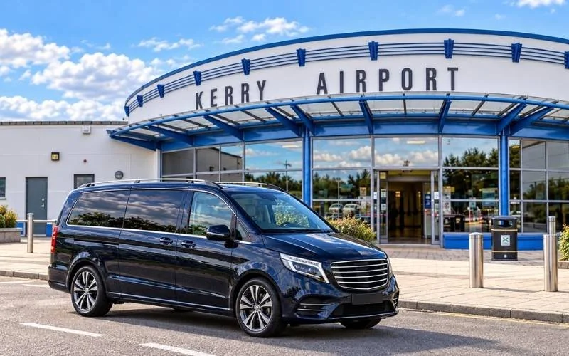 Premium executive vehicle parked outside the Kerry Airport entrance, illustrating airport transfers for Ryder Cup 2027 visitors.