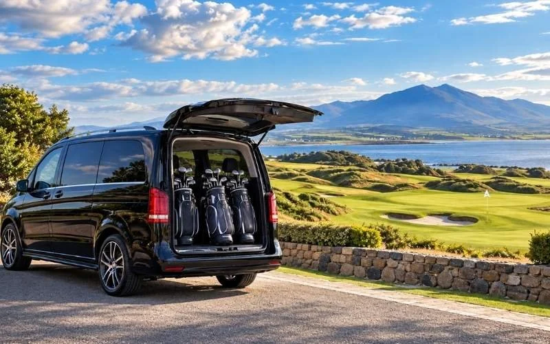 Premium executive vehicle with golf bags in its open boot beside a coastal golf course, illustrating golf transport before and after Ryder Cup 2027.