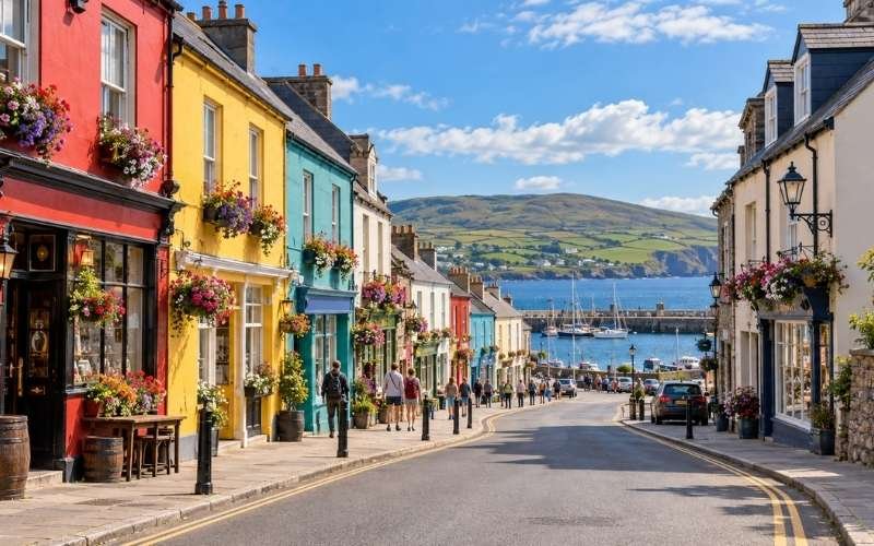 Dingle town combines colourful streets with a working harbour, offering an inviting place to explore local shops, pause for lunch and enjoy its coastal atmosphere.