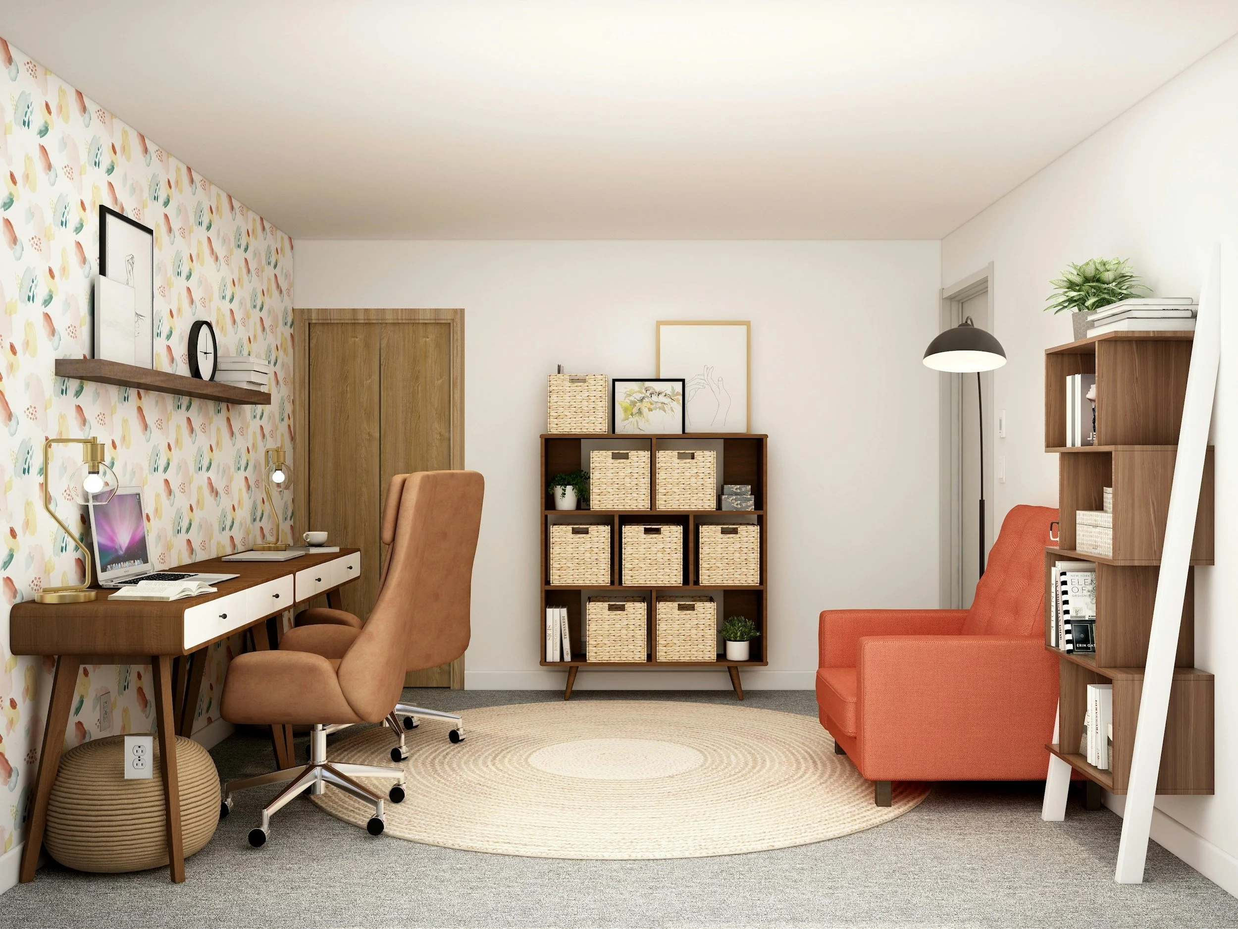 Home office with a mid-century modern desk, storage baskets, and floating shelves with books and supplies.