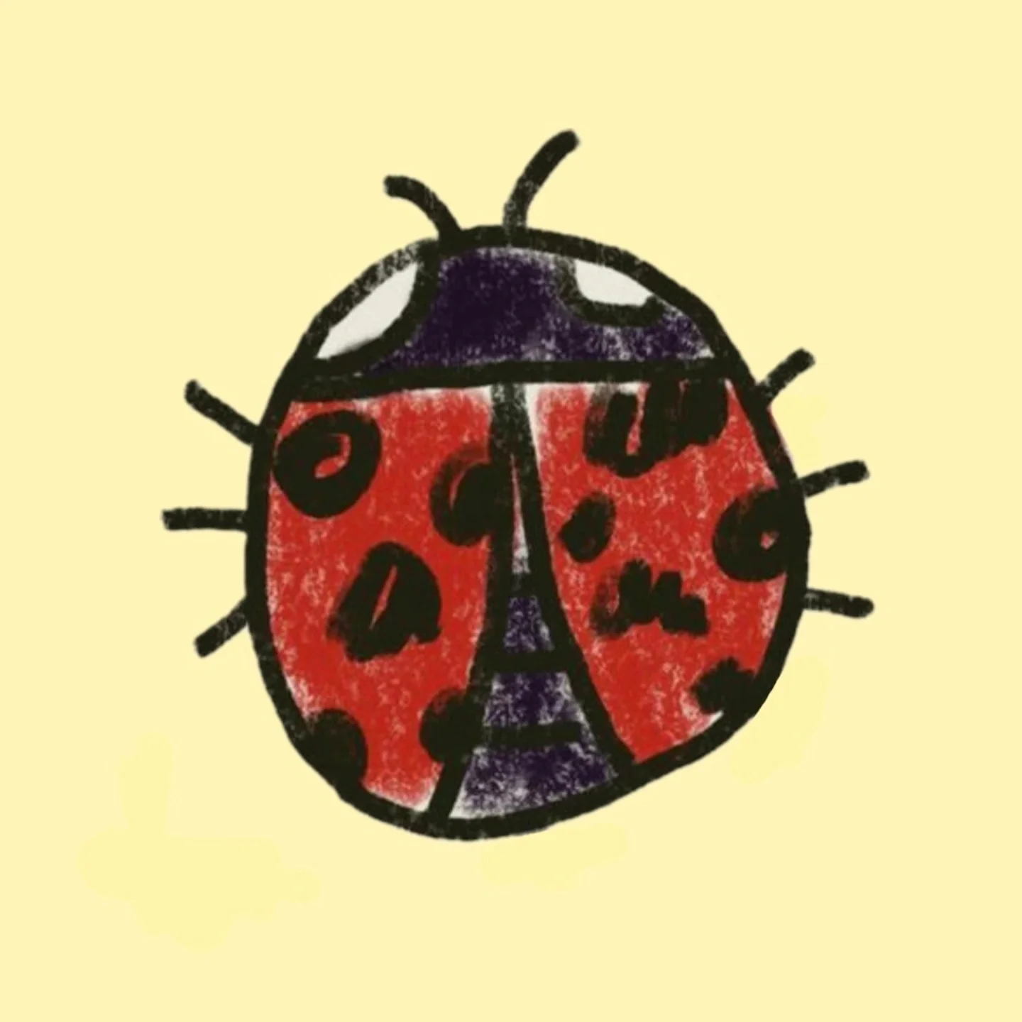A playful sketch drawing of a ladybug with a black head, red body with black spots, and black wings on a light yellow background.