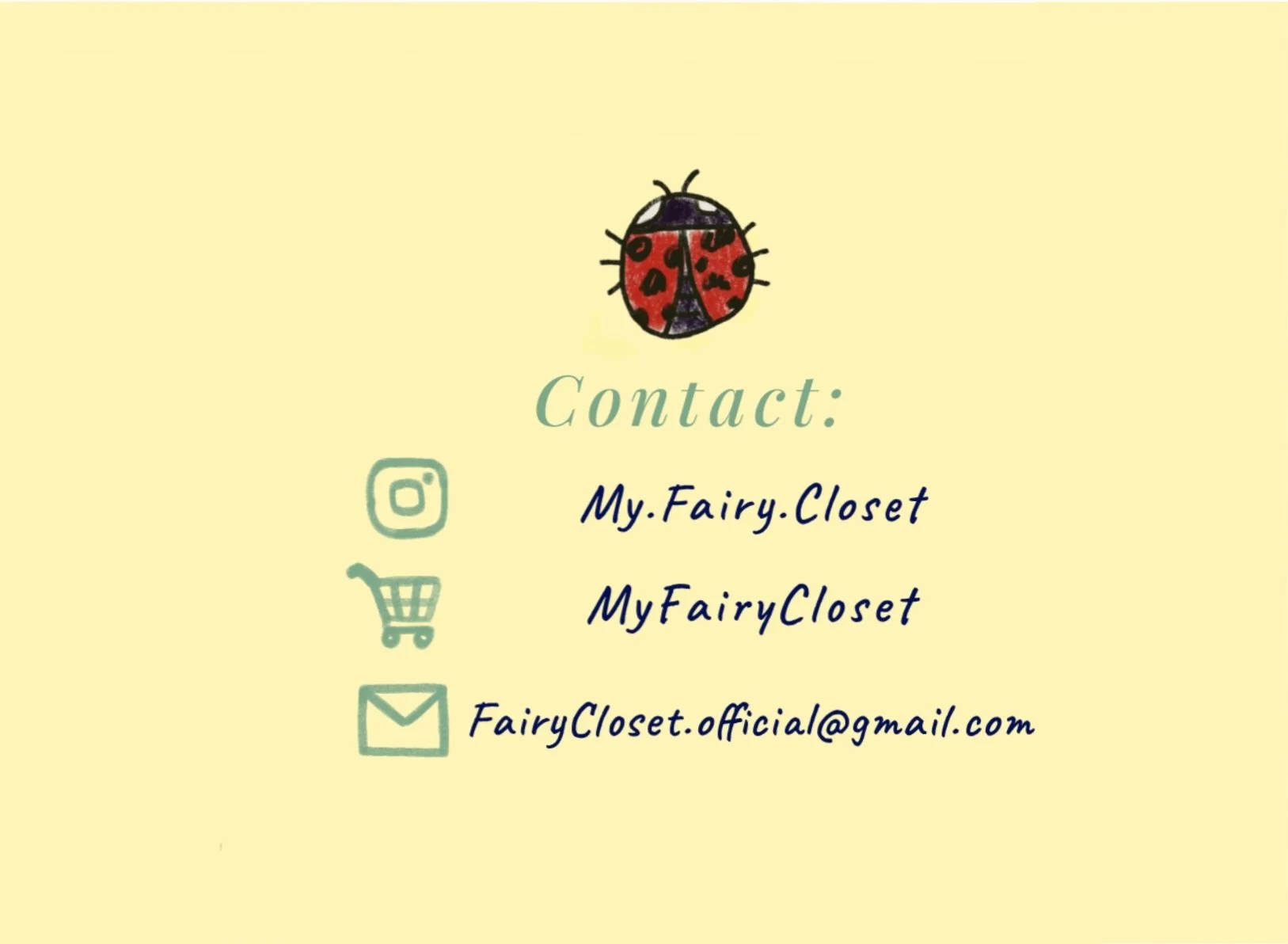 Contact information for My Fairy Closet, including Instagram handle, website, and email, with a ladybug illustration on a yellow background.