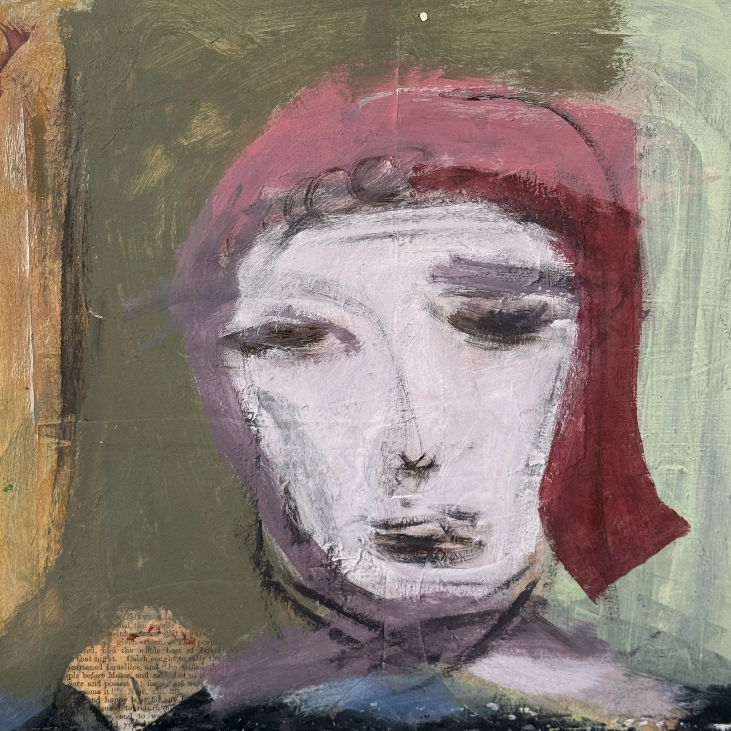 Abstract painting with colorful brushstrokes including pink, gray, green, and black, with a section of text visible at the bottom left corner.