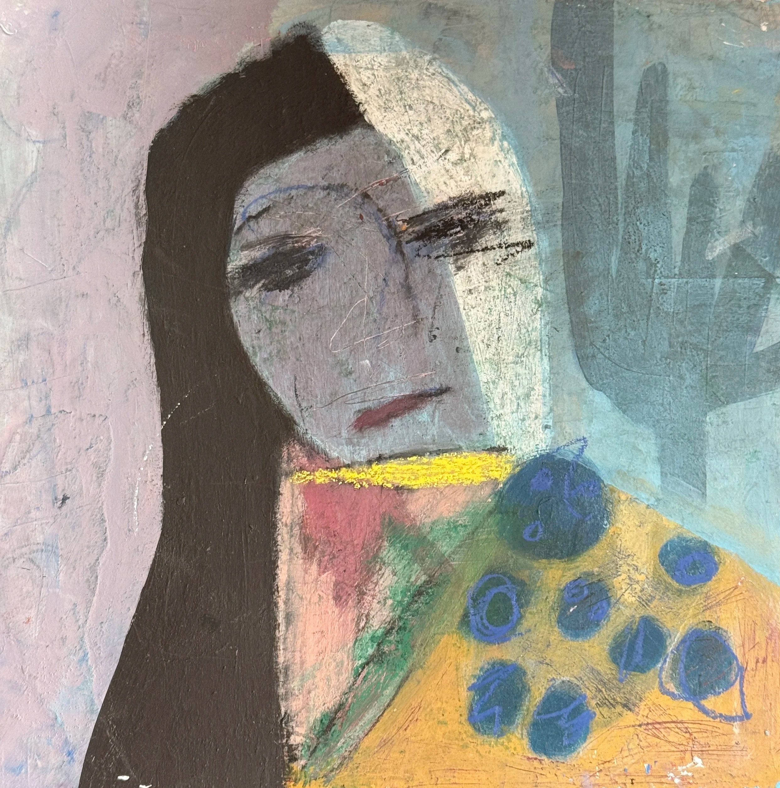 Abstract painting with muted pink, gray, blue, green, yellow, and black colors, with brushstrokes and textured surface.