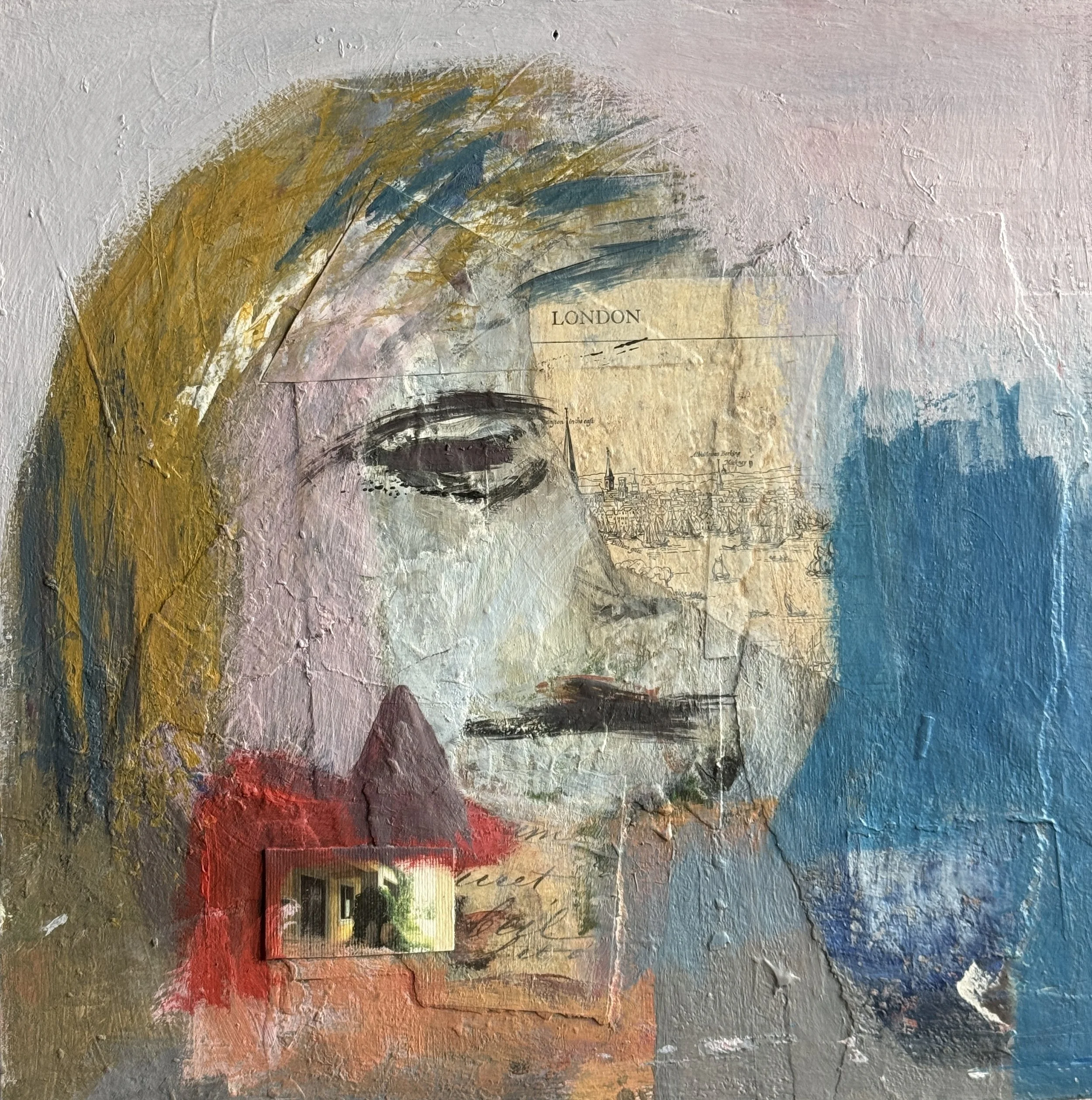 A textured wall with layered abstract paints in yellow, blue, pink, gray, red, and black, with a small section of a landscape painting featuring a house and trees at the bottom.