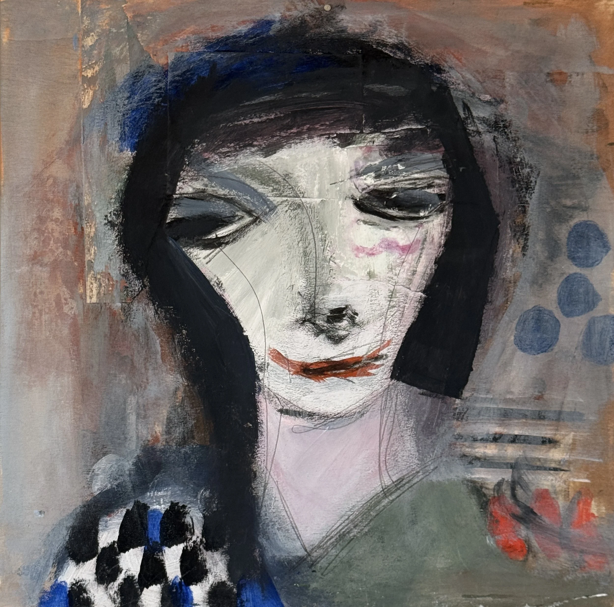 Abstract painting with dark and vibrant colors, featuring a distorted portrait of a person with glasses and long hair.