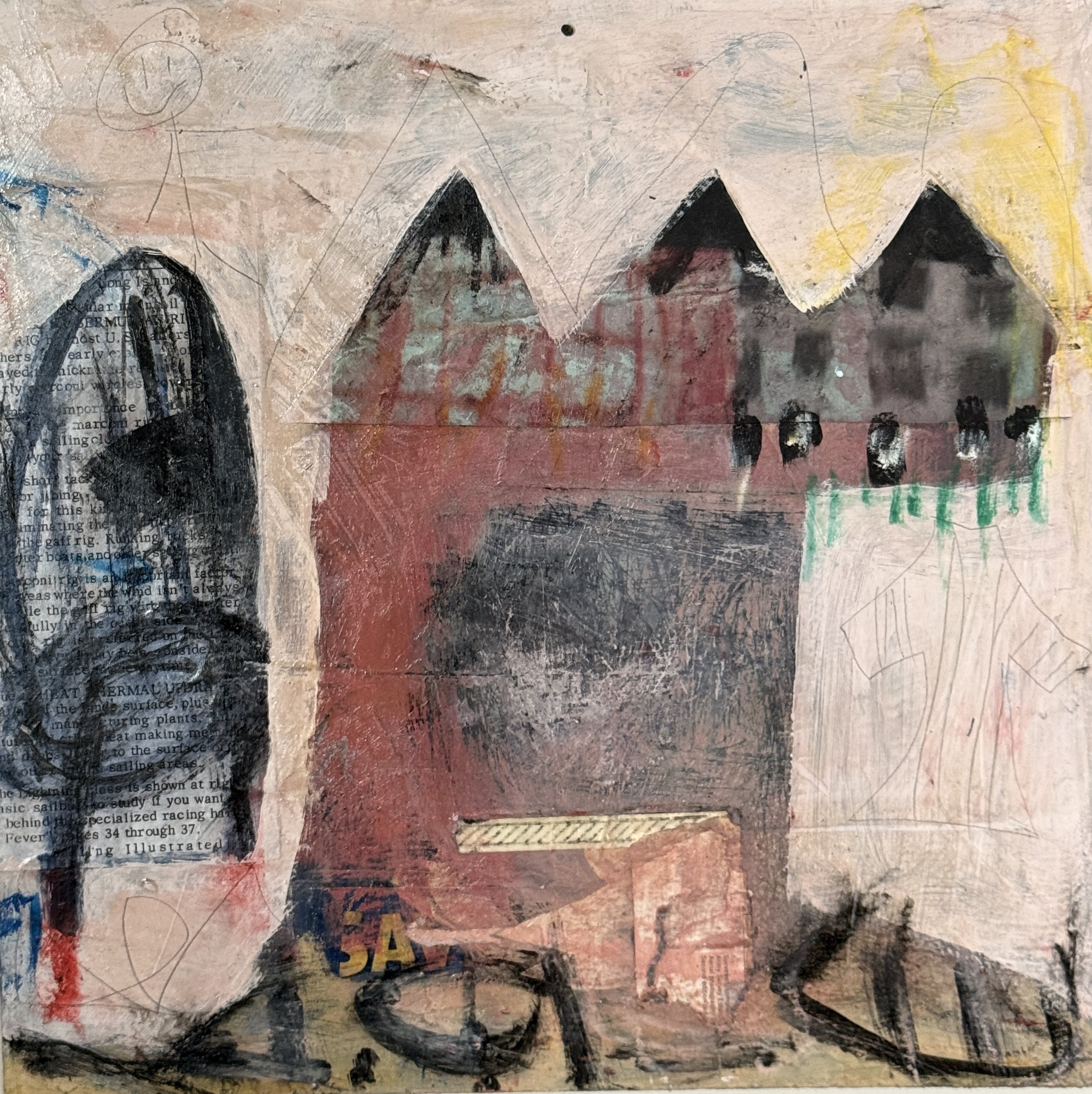 Abstract art featuring a landscape with three black mountain peaks, a yellow sun or moon, and a sky with various colors and textures, with some areas of printed text and scribbles.