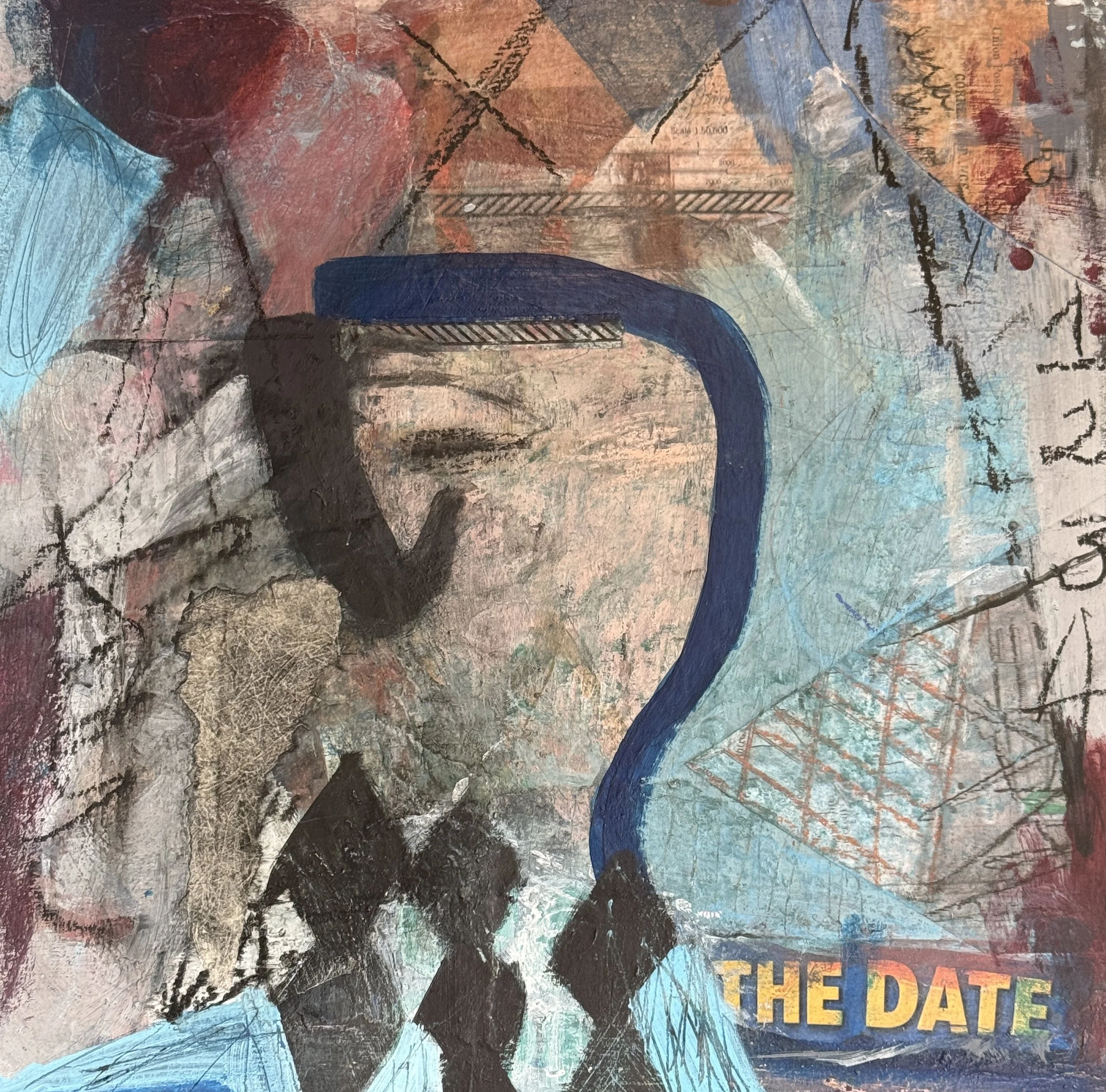 Close-up of abstract textured artwork with various colors, shapes, and lines, featuring blue, red, black, and metallic shades, with some text partially visible.