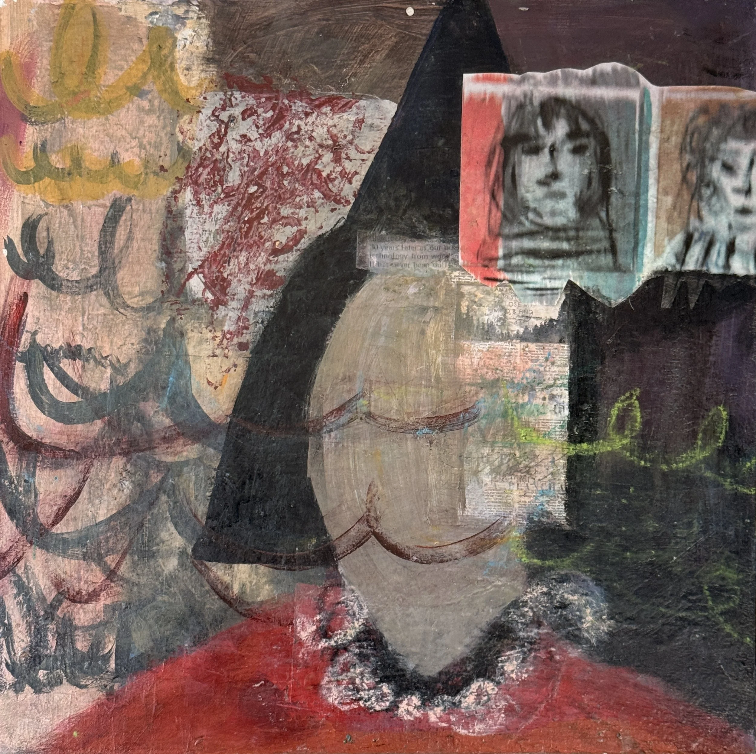 Abstract mixed media artwork with various colors including red, black, pink, beige, and yellow, featuring layered textures, brushstrokes, and collaged elements.