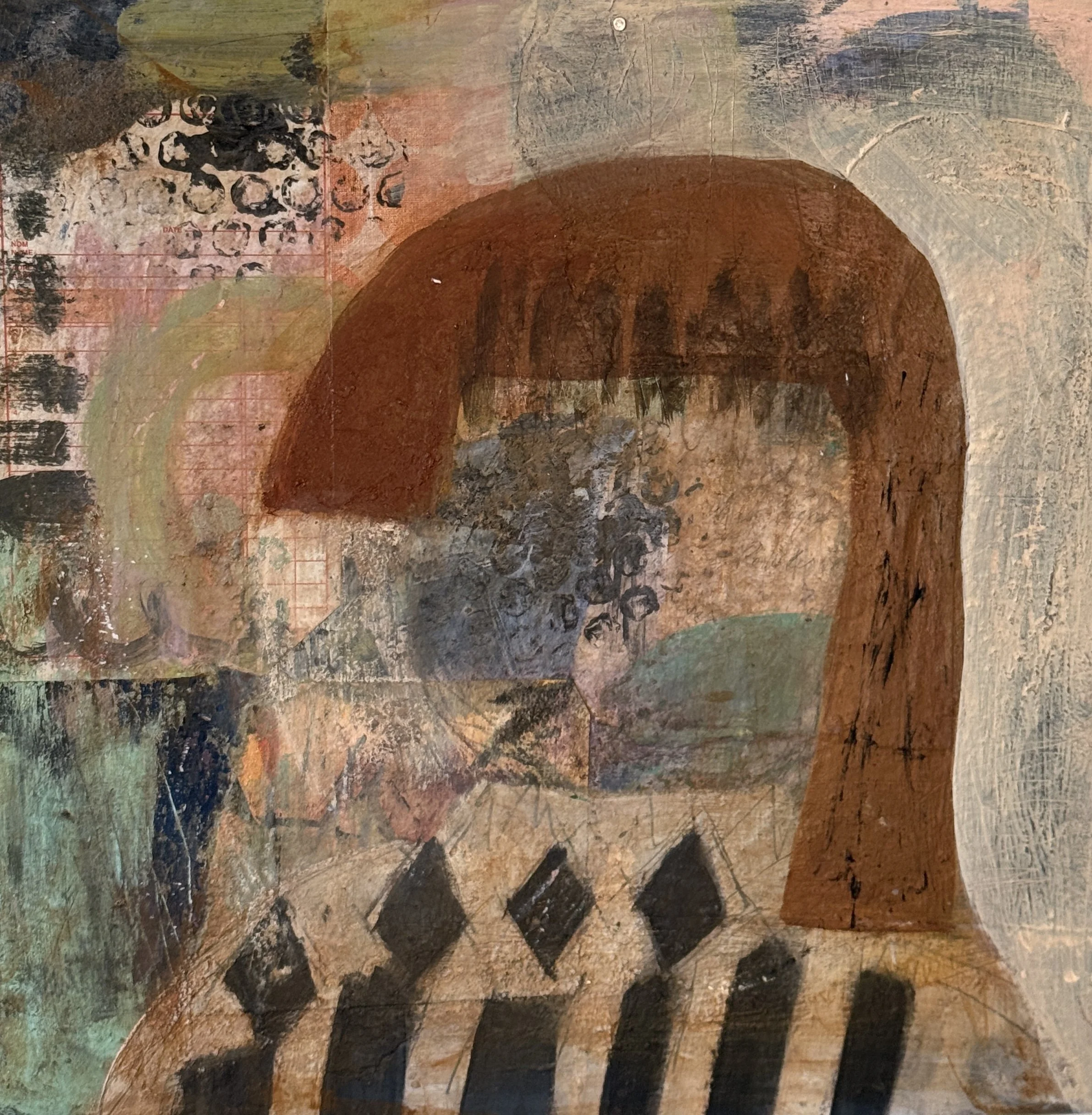 Abstract mixed media artwork featuring textured surfaces, earthy tones, black shapes, and layered patterns.