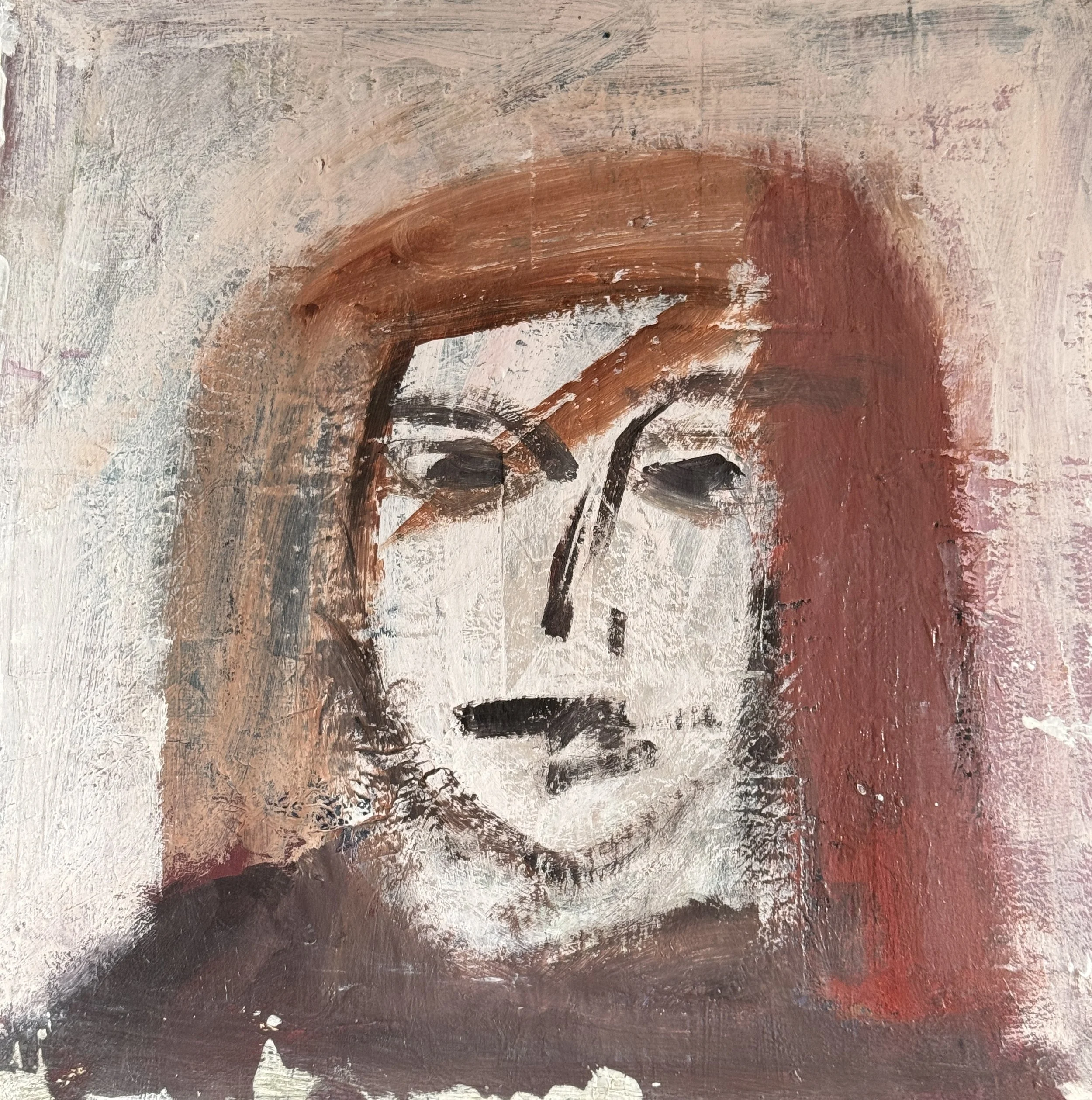 Abstract painting with earthy tones including beige, brown, red, and black, featuring textured brushstrokes and layered paint.