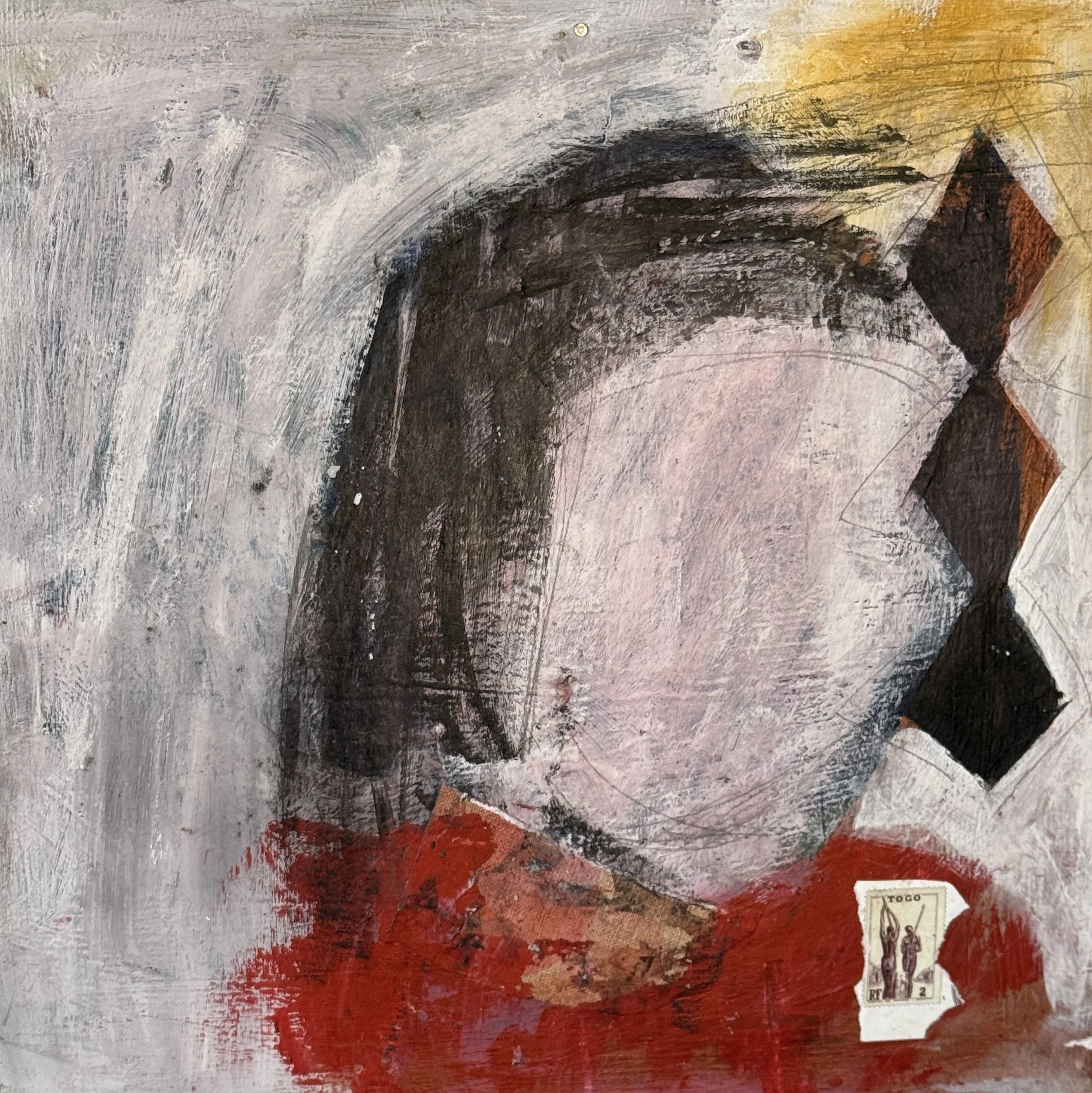 An abstract painting with splashes of red, black, white, and yellow paint, and a postage stamp with the text 'TOGO' at the bottom right corner.