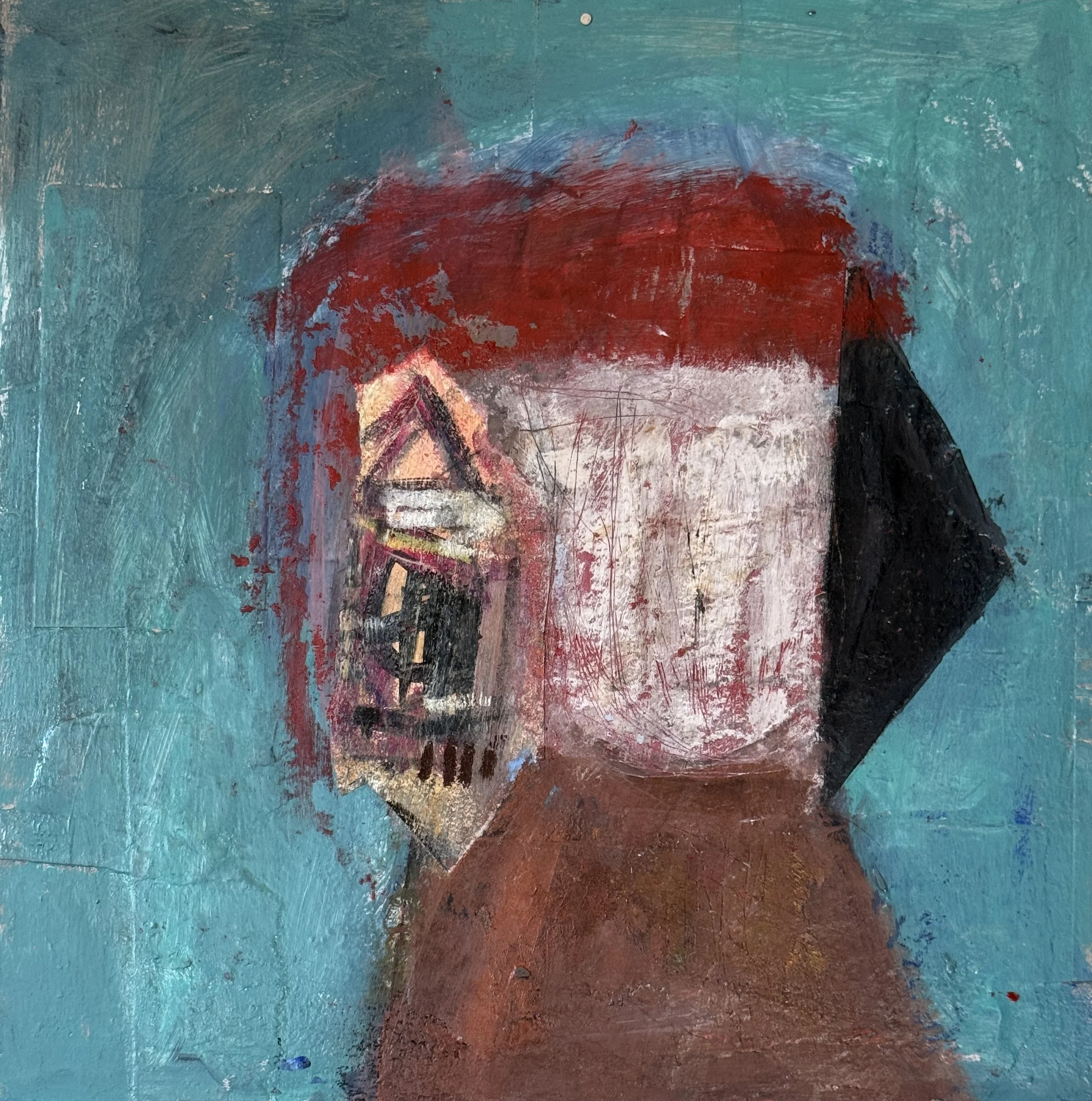 Abstract painting with a teal background, a red patch in the center, and black and brown shapes.