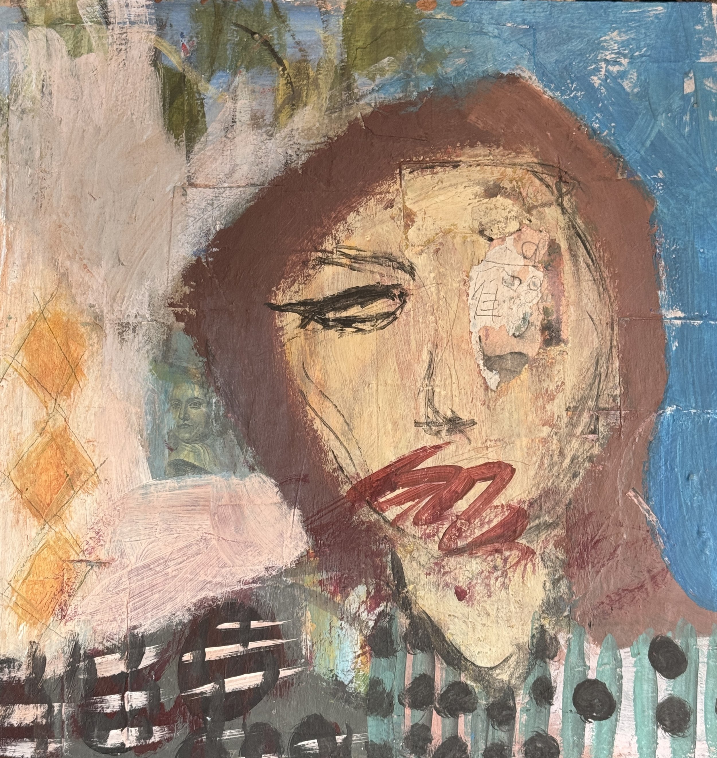 A colorful abstract painting with a mix of textured brush strokes, featuring a human face with pronounced lips and glasses in the center, and dark circular shapes at the bottom.
