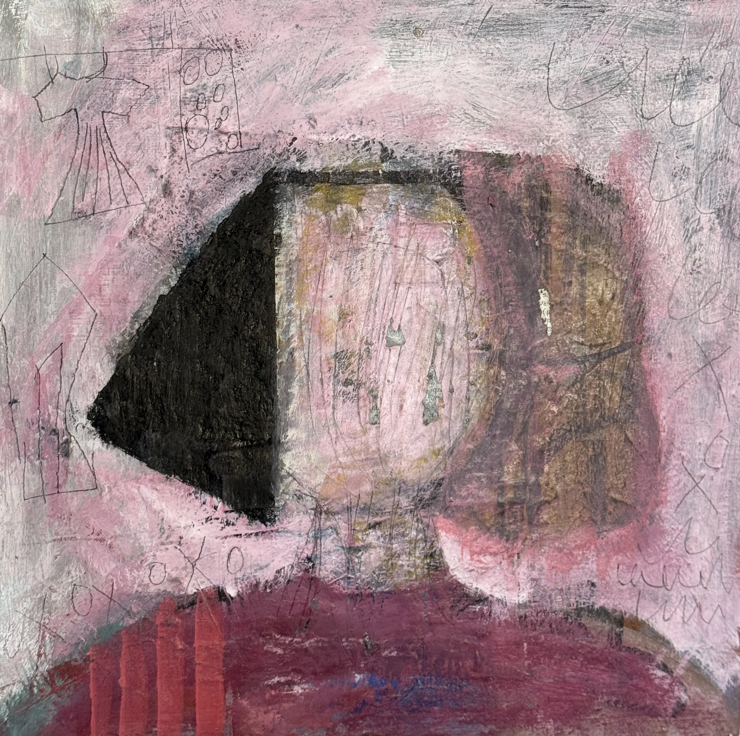 Abstract painting with pink, red, black, and green colors, featuring pencil sketches of a face, a star, and various geometric shapes.