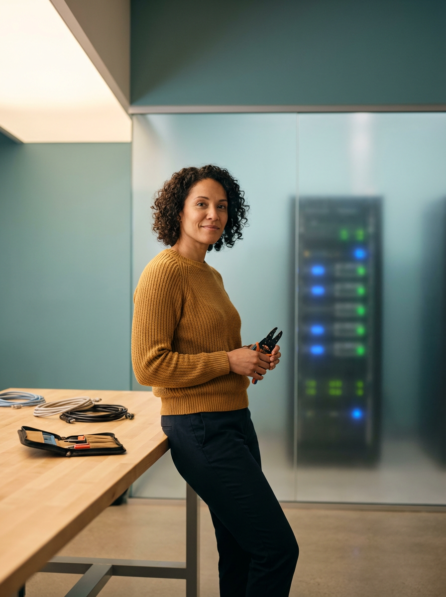 A woman with curly hair wearing a mustard sweater and black pants standing near a table with cables and tools, holding a crimping tool, in a room with server racks in the background.