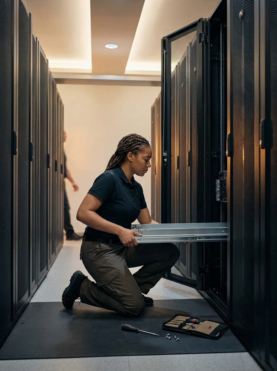 A woman kneeling inside a server room, installing or maintaining a server rack with tools on the floor nearby.