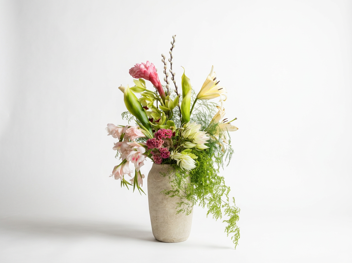 A bouquet of pink, white, and green flowers in a tall, beige vase on a white background.
