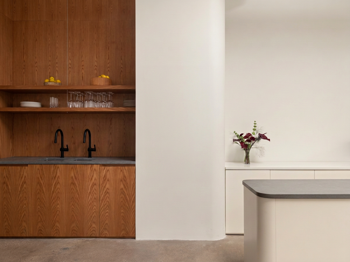 Minimalist kitchen or bar area with wooden cabinetry, black sinks, glassware, and a vase with flowers on a white countertop.