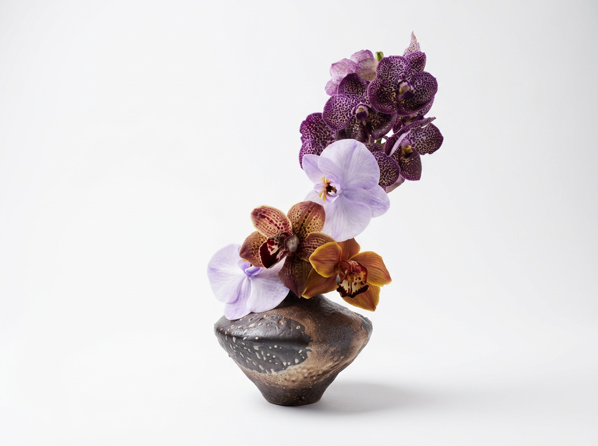 A flower arrangement with purple and brown orchids in a textured, dark ceramic vase