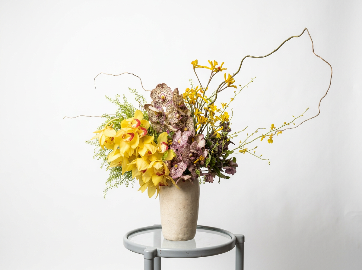 Flower arrangement with yellow, purple, and green flowers in a beige vase on a small round table against a white background.