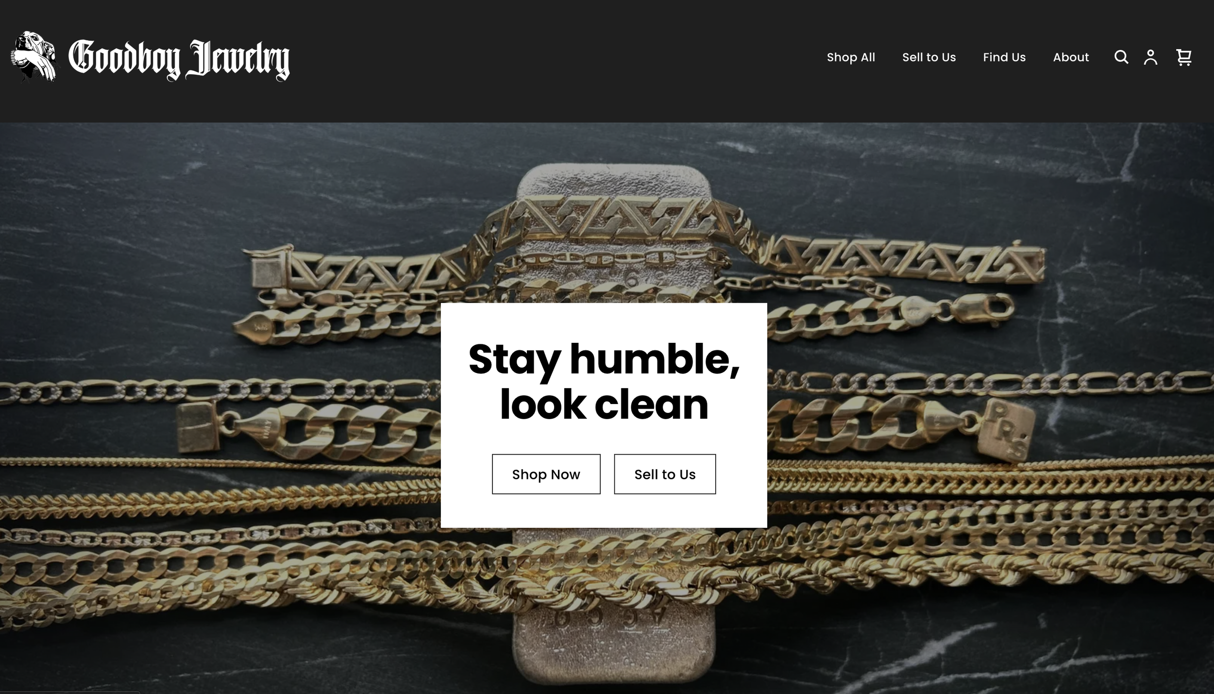 A collection of gold jewelry, including chains, bracelets, and necklaces, arranged on a dark surface with a black banner at the top and a white text overlay stating, 'Stay humble, look clean.'