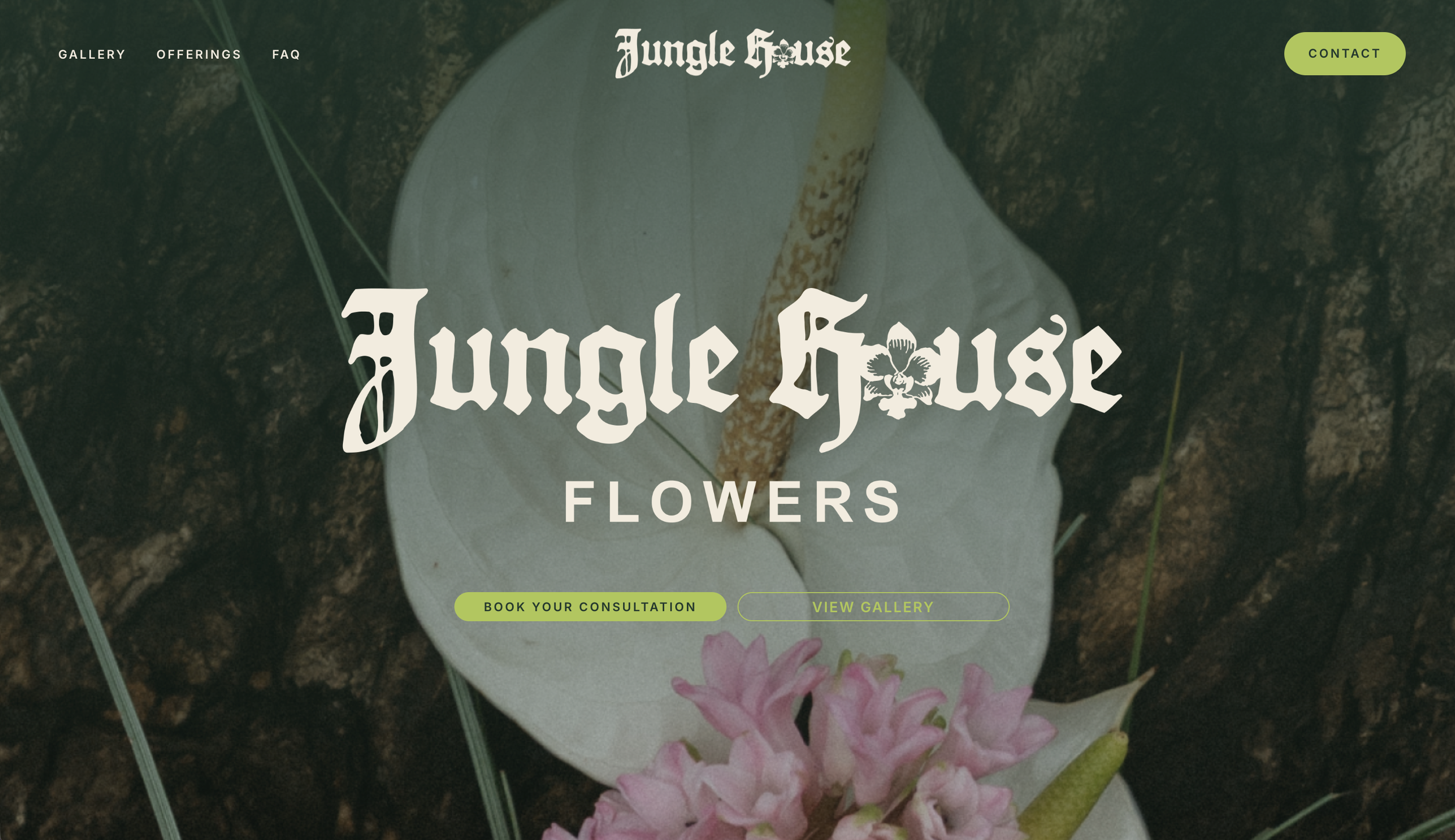 A website homepage for Jungle House Flowers with a floral design and a background image of flowers, featuring menu options, a logo, and call-to-action buttons.