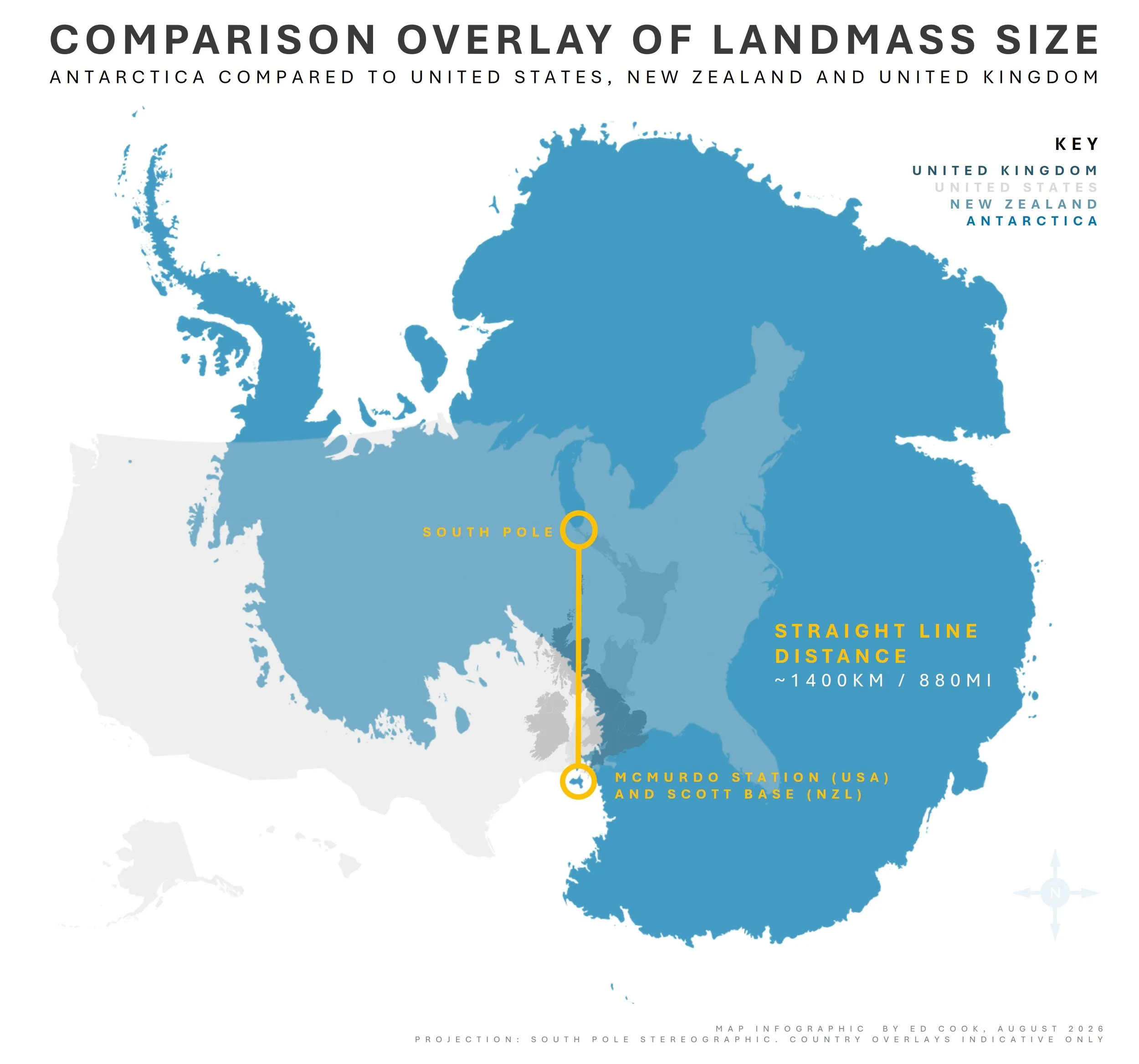Comparison Overlay of Landmass Size, Antarctica (Print, 2026)