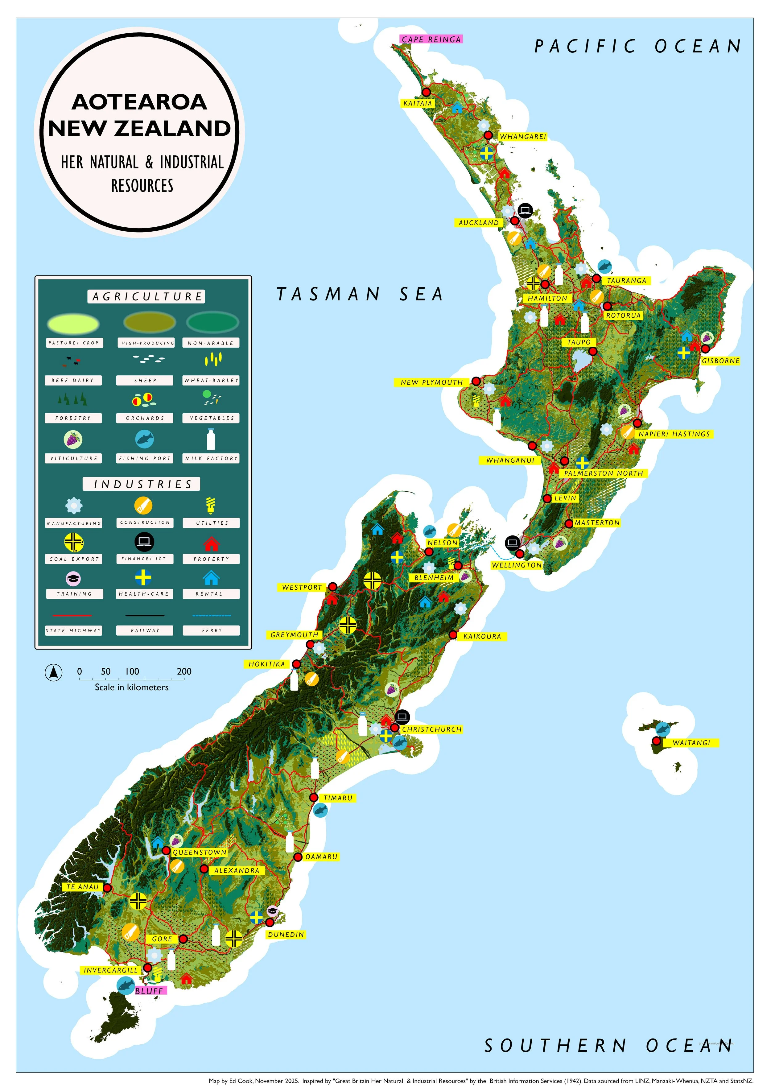 Map of Aotearoa, New Zealand & Her Natural and Industrial Resources (2025). 