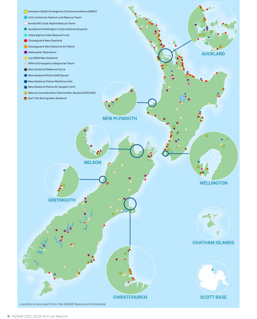 Map of New Zealand Search & Rescue Resources, NZSAR Annual Report (2022)