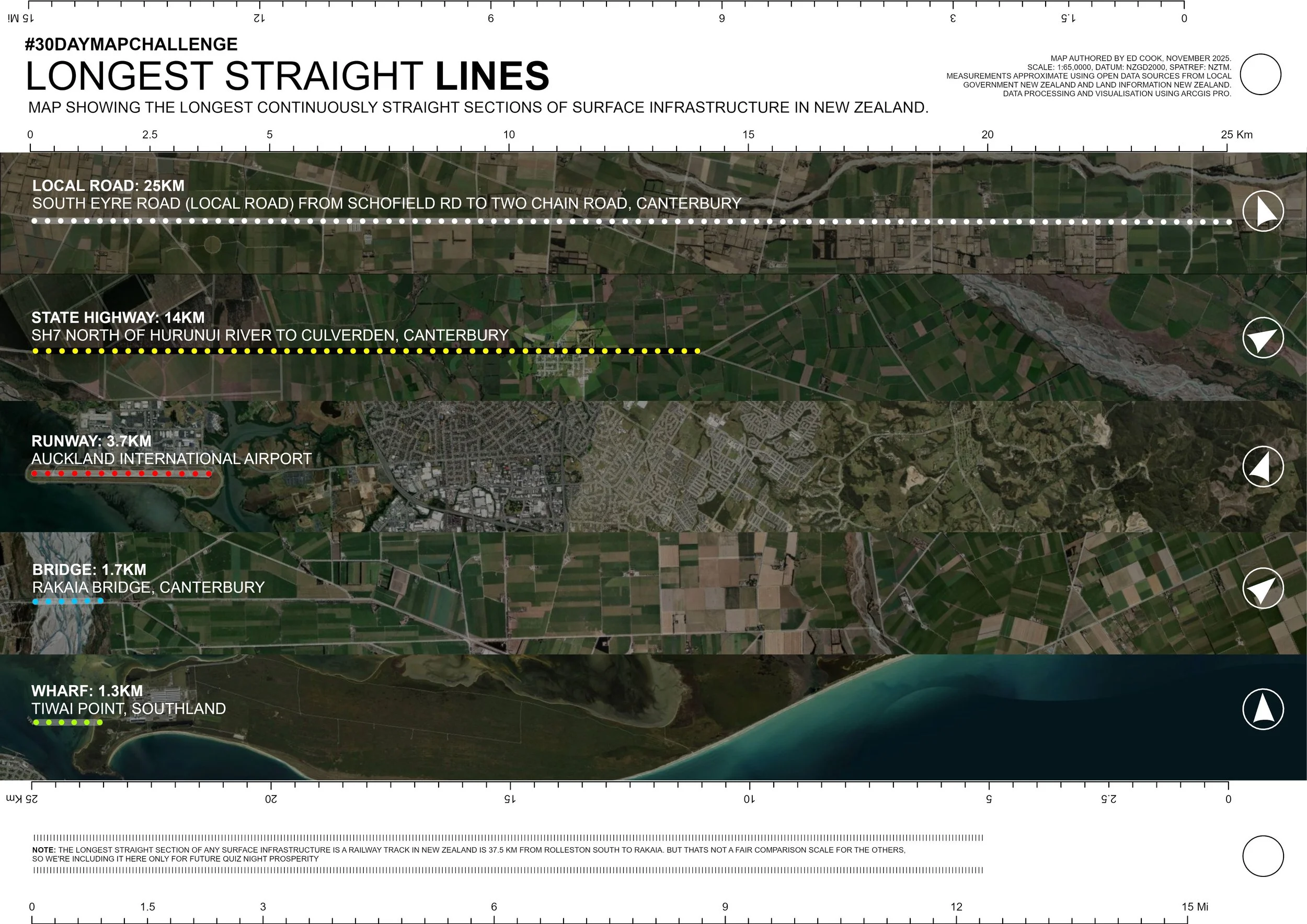 Map of Longest Straight Line Infrastructure, New Zealand (2025)