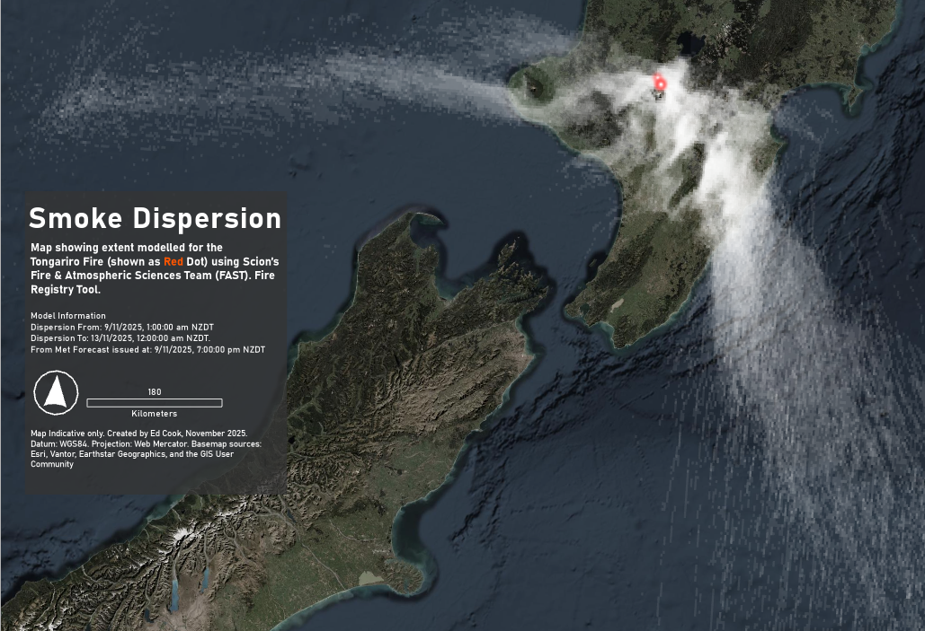 Smoke Dispersion from Tongariro National Park Fires, New Zealand (Print, 2025).