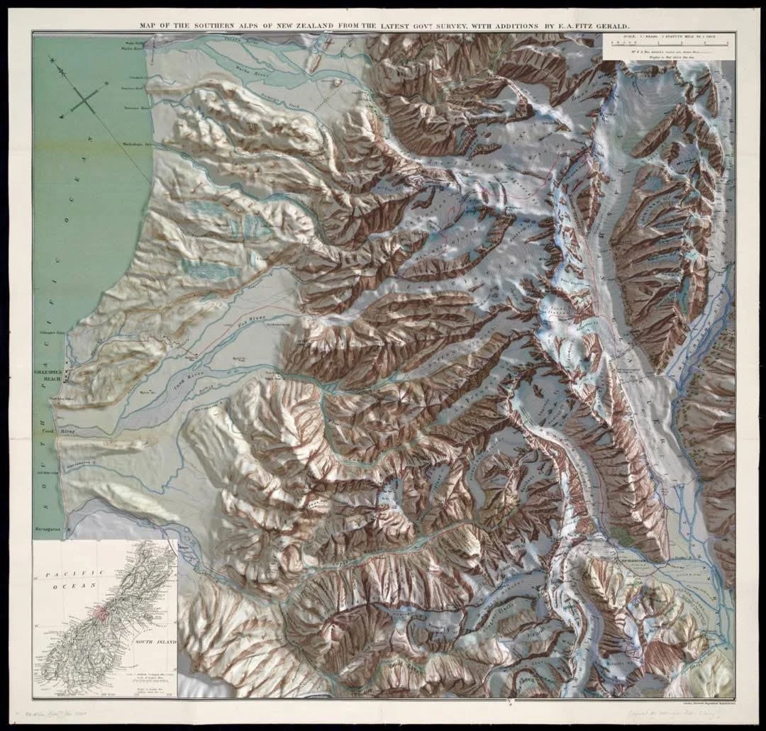 Terrain Enhanced 1896 Map of Southern Alps of New Zealand by E. Fitzgerald (2018)