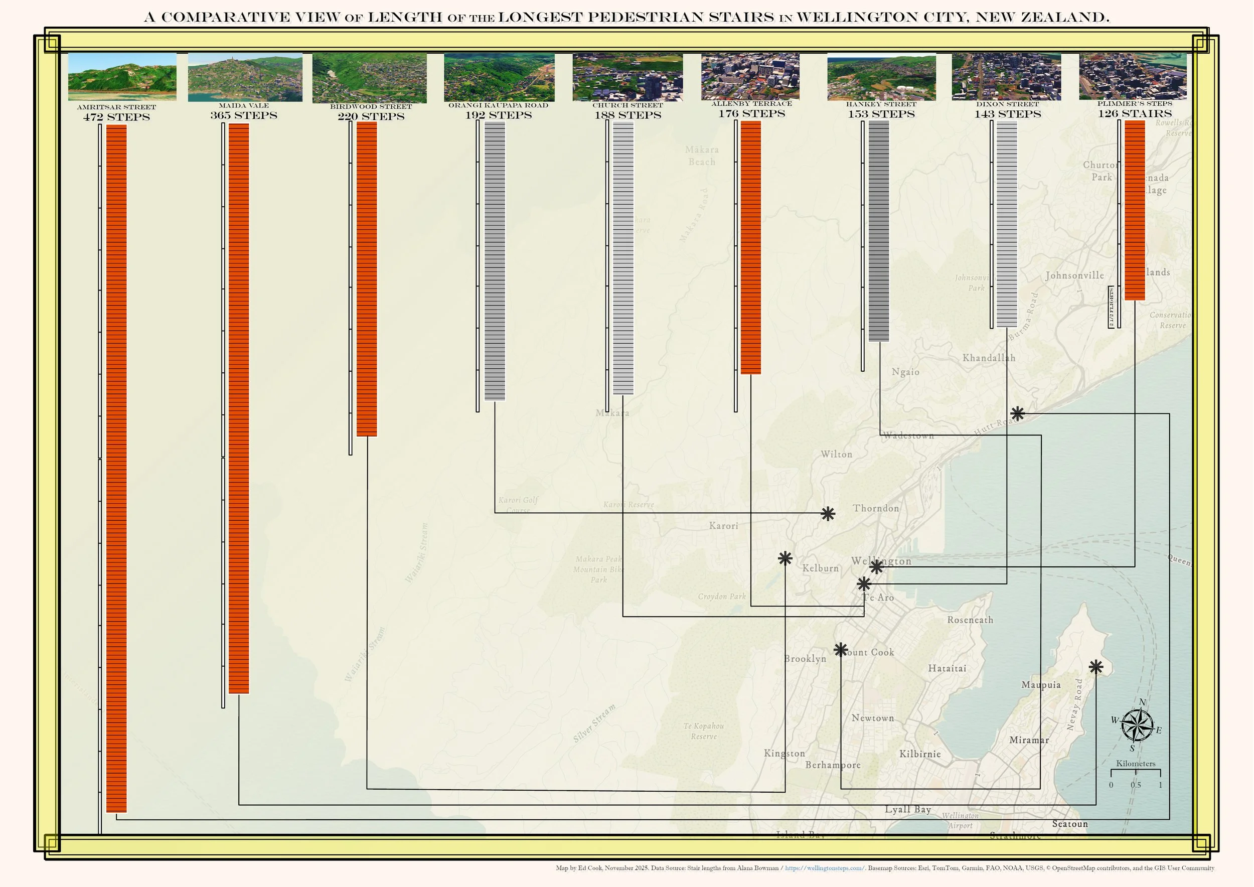 Map of Longest Pedestrian Staircases, Wellington, New Zealand (2025)