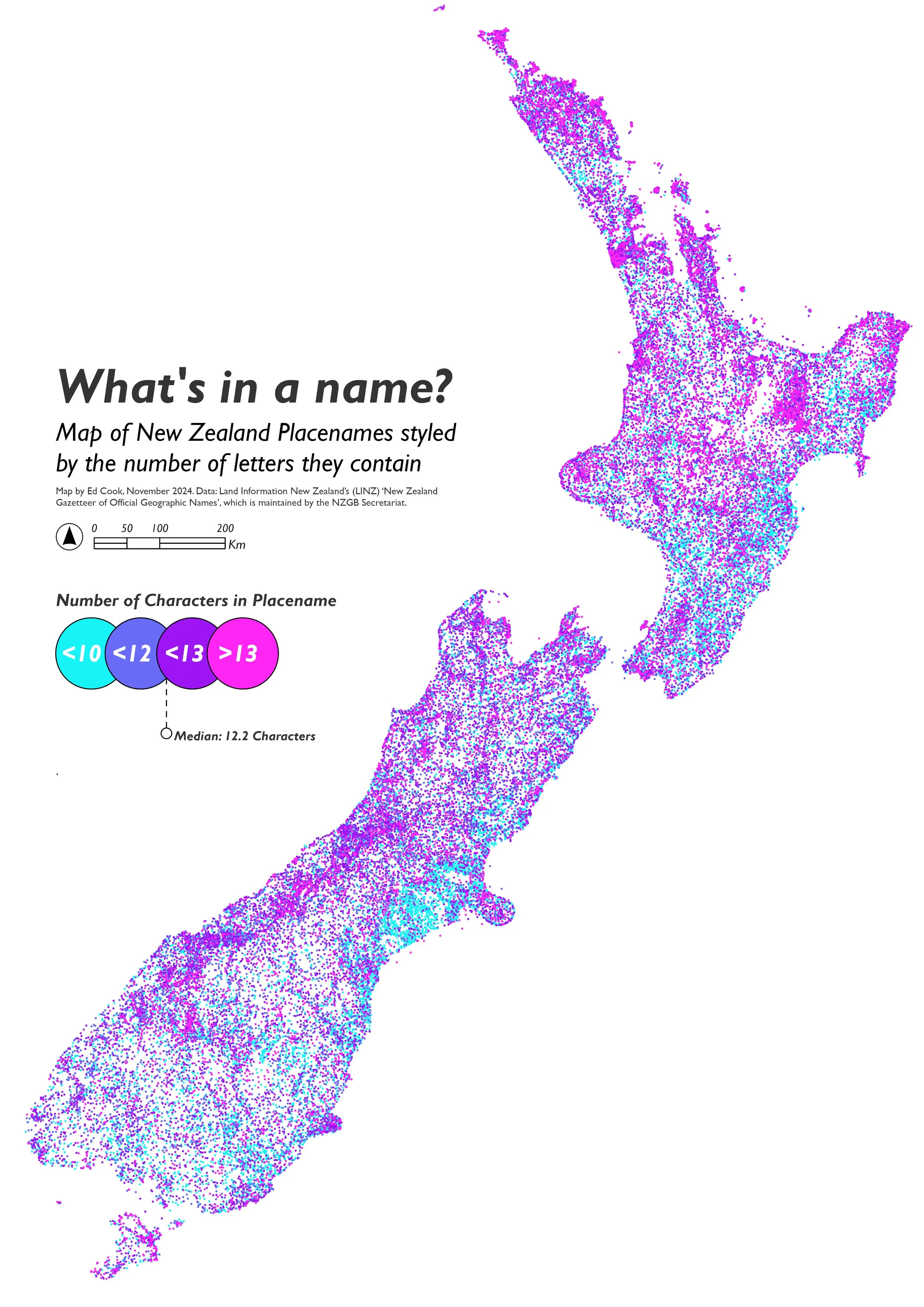 Map of Placename Lengths, New Zealand (2025)