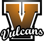 Vulcan logo with a large gold V and white piping, with the word 'Vulcans' below in white cursive text.