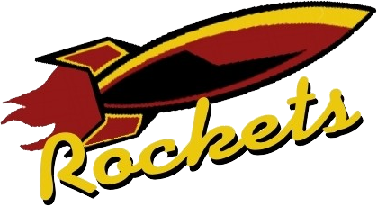 A stylized logo of a rocket with the word 'Rockets' in yellow script below it.
