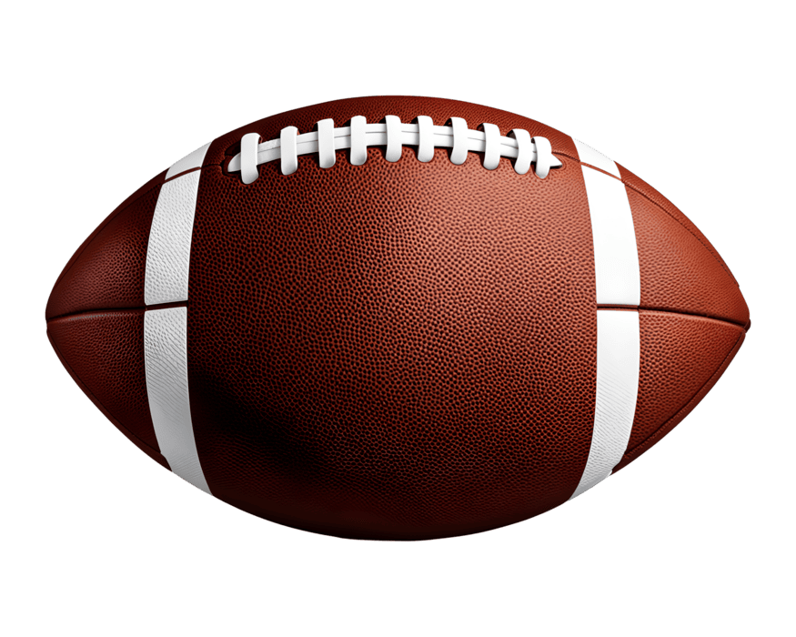 American football with brown leather surface, white laces, and white stripes, isolated on a black background.