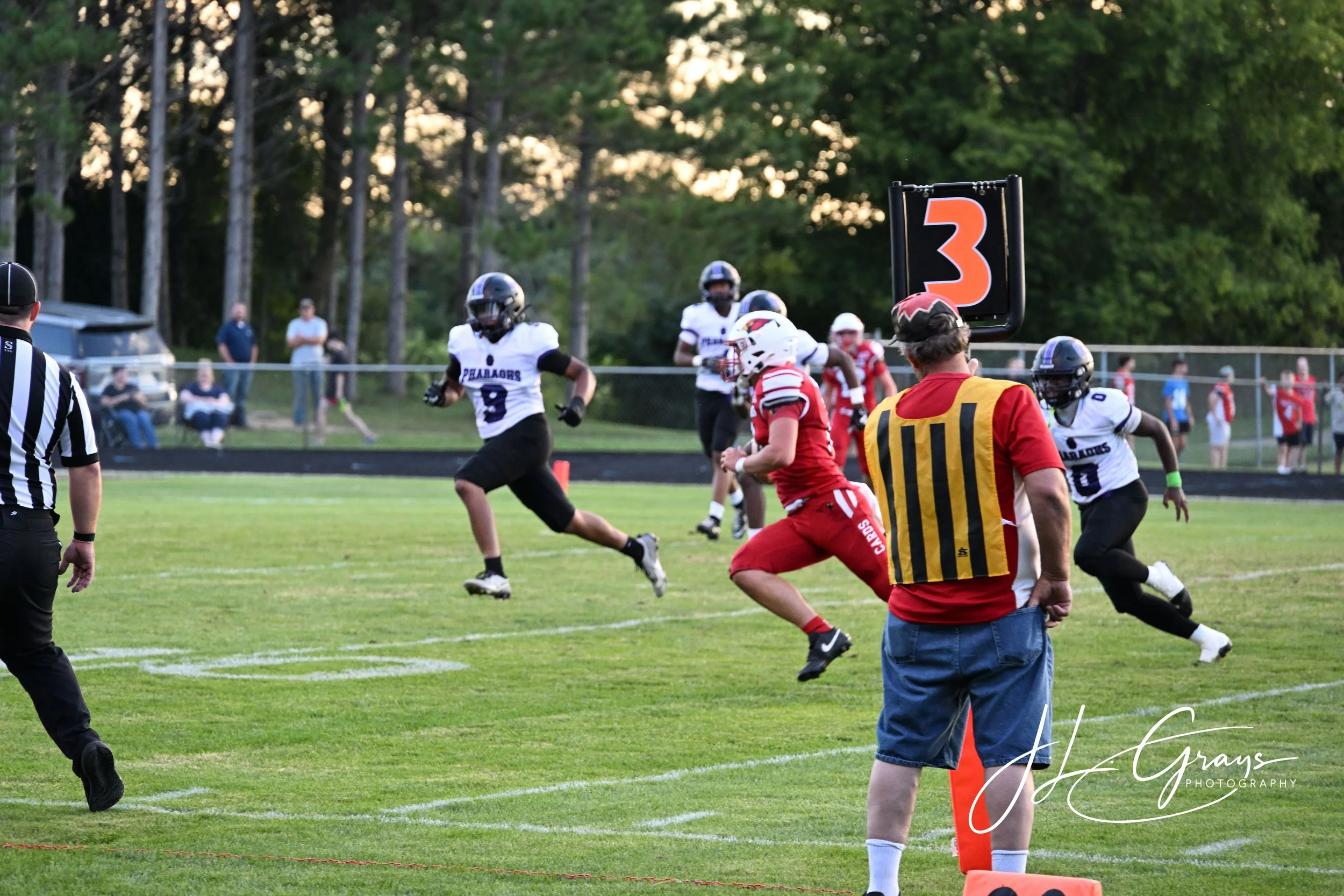 A youth football game on a grassy field with players in white and red jerseys, a referee, and a sideline with spectators and trees in the background.