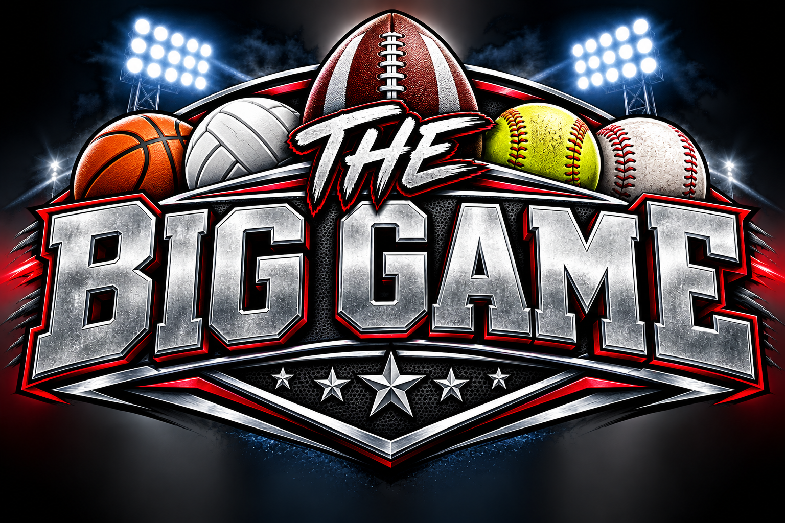 Logo for 'The Big Games' featuring multiple sports balls including football, basketball, volleyball, tennis, and baseball, with stadium lights in the background.