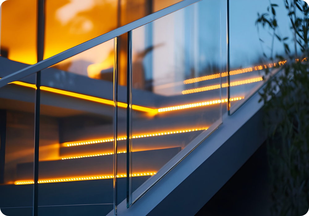 Close-up view of a modern interior staircase with a glass railing adorned with warm yellow LED strip lighting.