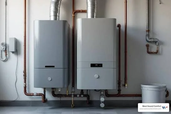 Two modern tankless water heaters mounted on a wall with copper and steel pipes connected, and a white bucket on the floor to the right.
