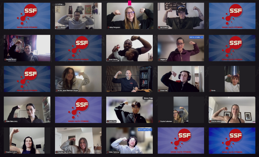 Group of diverse individuals in a virtual meeting celebrating by flexing their muscles, with some smiling and others making confident gestures, against a background with a fitness-themed logo.