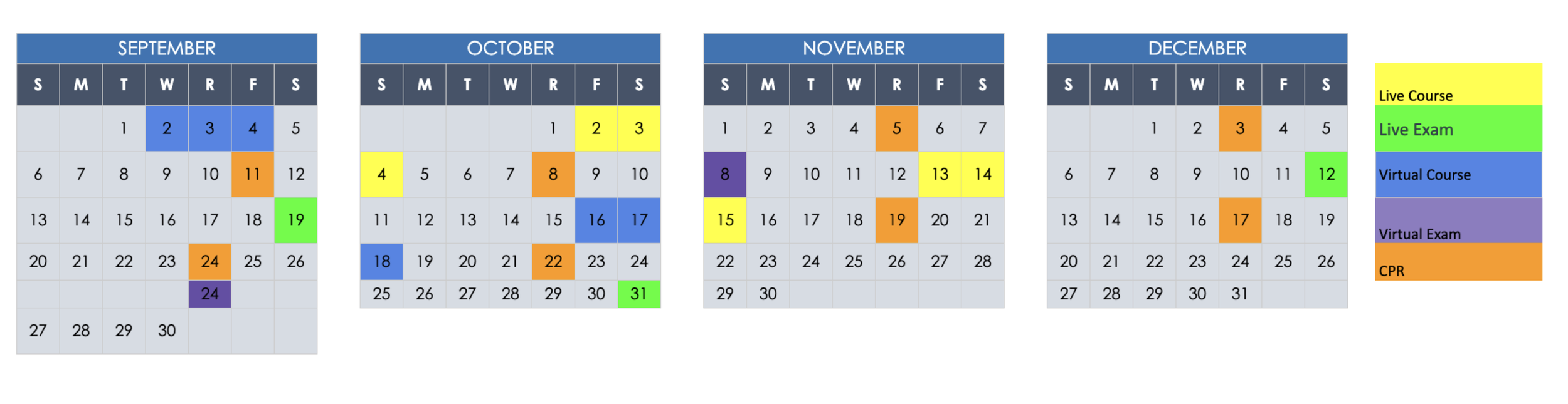 A four-month calendar from September to December with color-coded events. September has a blue date 2-4, an orange 11, a green 19, and a purple 24. October has a yellow 4, an orange 8, blue 18-17, and green 31. November has purple 8, yellow 15-14, orange 5-19, and green 13-14. December has yellow 1, green 12, orange 17, and yellow 3.